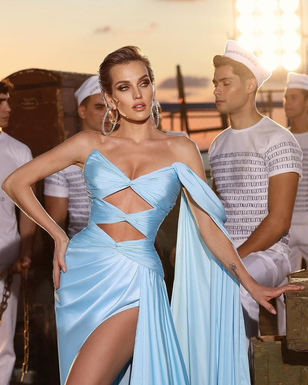 BMbride Designer Long Sky Blue A-line Sleeveless Prom Dress With Slit BMbride