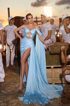 BMbride Designer Long Sky Blue A-line Sleeveless Prom Dress With Slit BMbride