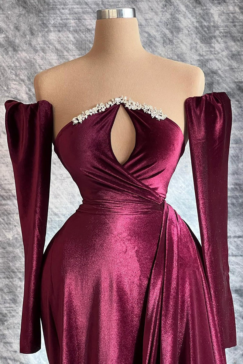 BMbride Designer Long Velvet Sequined Long Sleeves Prom Dress With Train BMbride