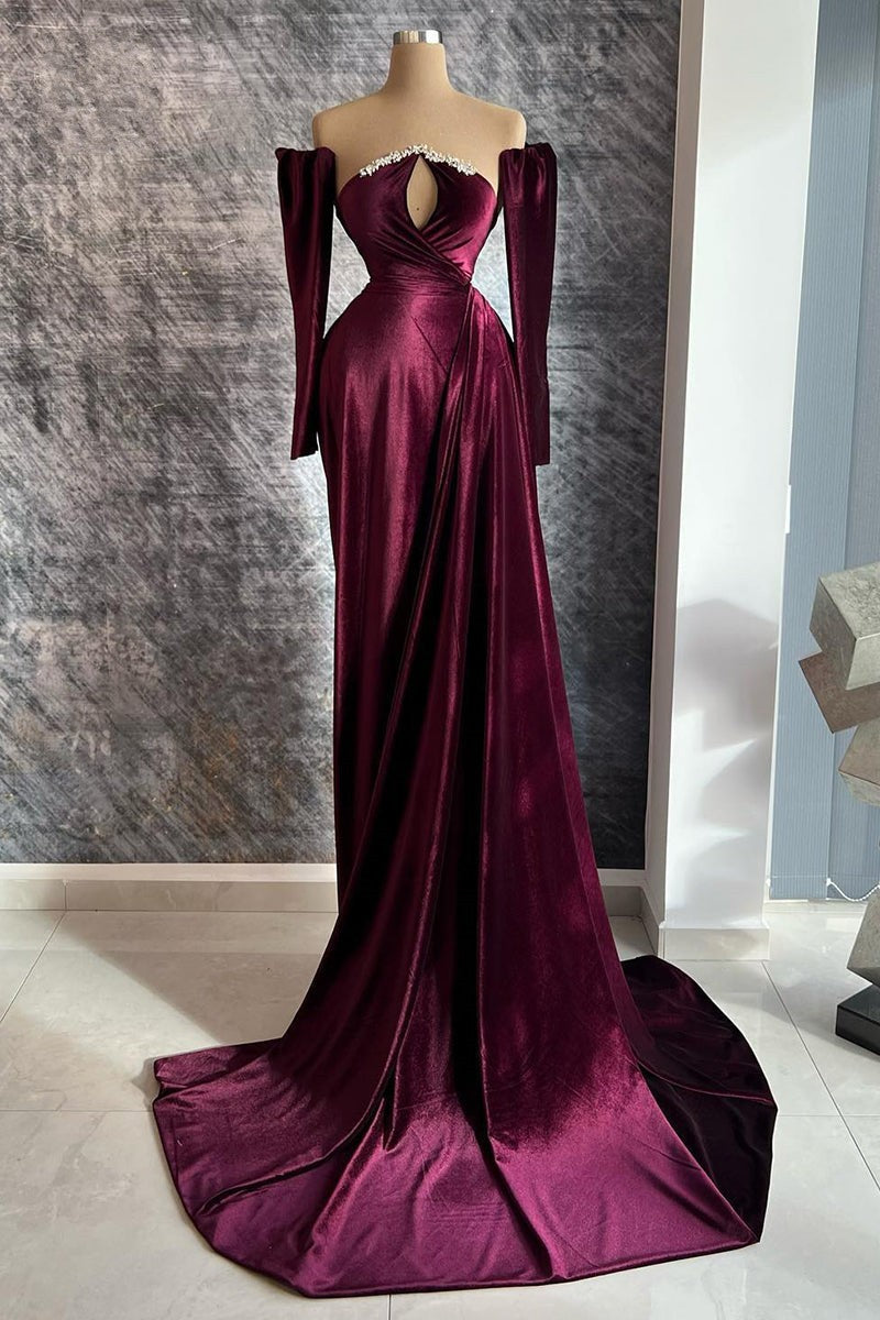 BMbride Designer Long Velvet Sequined Long Sleeves Prom Dress With Train BMbride
