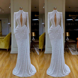 BMbride Designer Long White High Neck Long Sleeves Mermaid Sequined Prom Dress BMbride