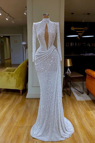 BMbride Designer Long White High Neck Long Sleeves Mermaid Sequined Prom Dress BMbride