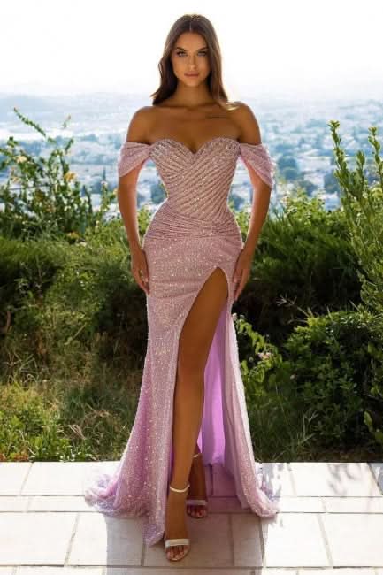 Designer Off-the-shoulder Long Evening Dresses Pink Prom Dresses with Glitter BM bride