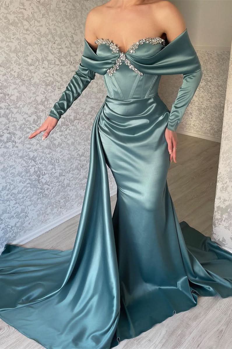 BMbride Designer Off-the-shoulder Long Sleeves Glitter Mermaid Prom Dress With Glitter BMbride