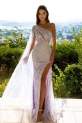 Designer One Shoulder Sequined Sleeveless Prom Dress Boasting a Slit BM bride