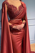 BMbride Designer Red Long Mermiad V-neck Lace Evening Dresses With Sleeves BMbride