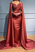 BMbride Designer Red Long Mermiad V-neck Lace Evening Dresses With Sleeves BMbride