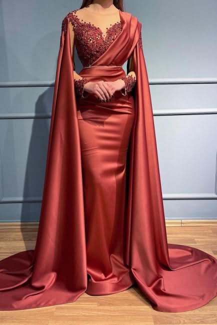 BMbride Designer Red Long Mermiad V-neck Lace Evening Dresses With Sleeves BMbride