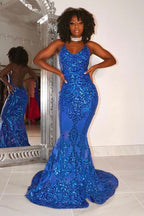 BMbride Designer Spaghetti Straps Long Mermaid Lace Sleeveless Prom Dress BMbride