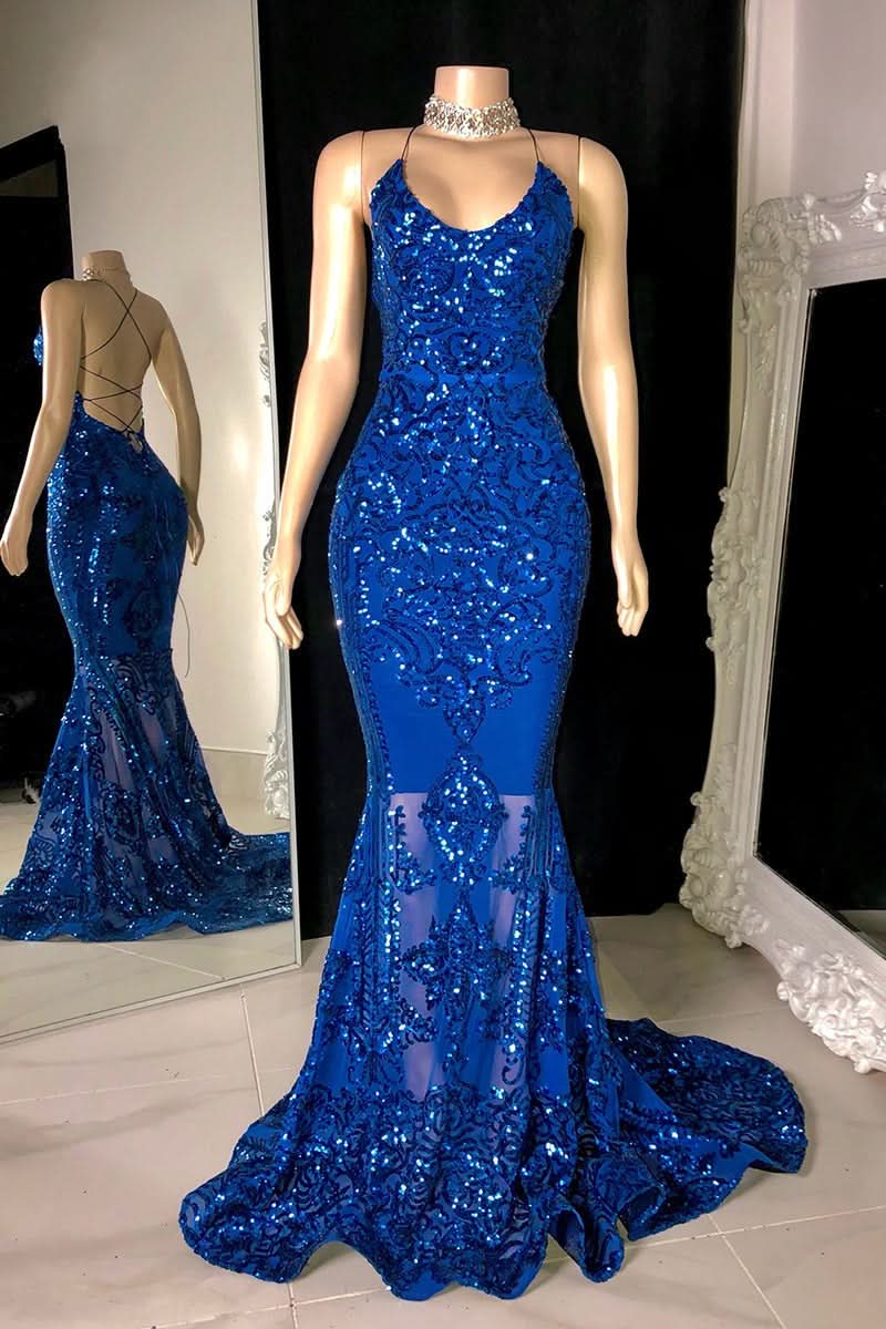 BMbride Designer Spaghetti Straps Long Mermaid Lace Sleeveless Prom Dress BMbride