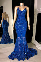 BMbride Designer Spaghetti Straps Long Mermaid Lace Sleeveless Prom Dress BMbride