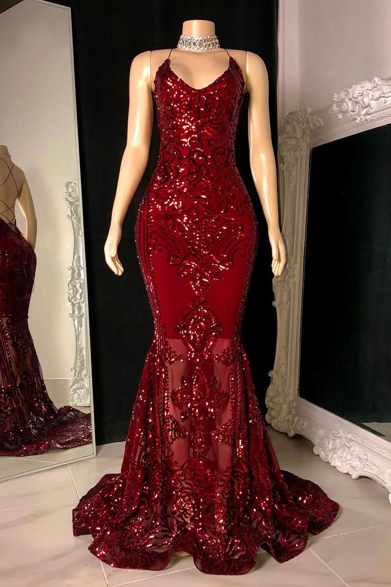 BMbride Designer Spaghetti Straps Long Mermaid Lace Sleeveless Prom Dress BMbride