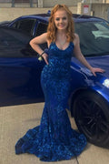 BMbride Designer Spaghetti Straps Long Mermaid Lace Sleeveless Prom Dress BMbride