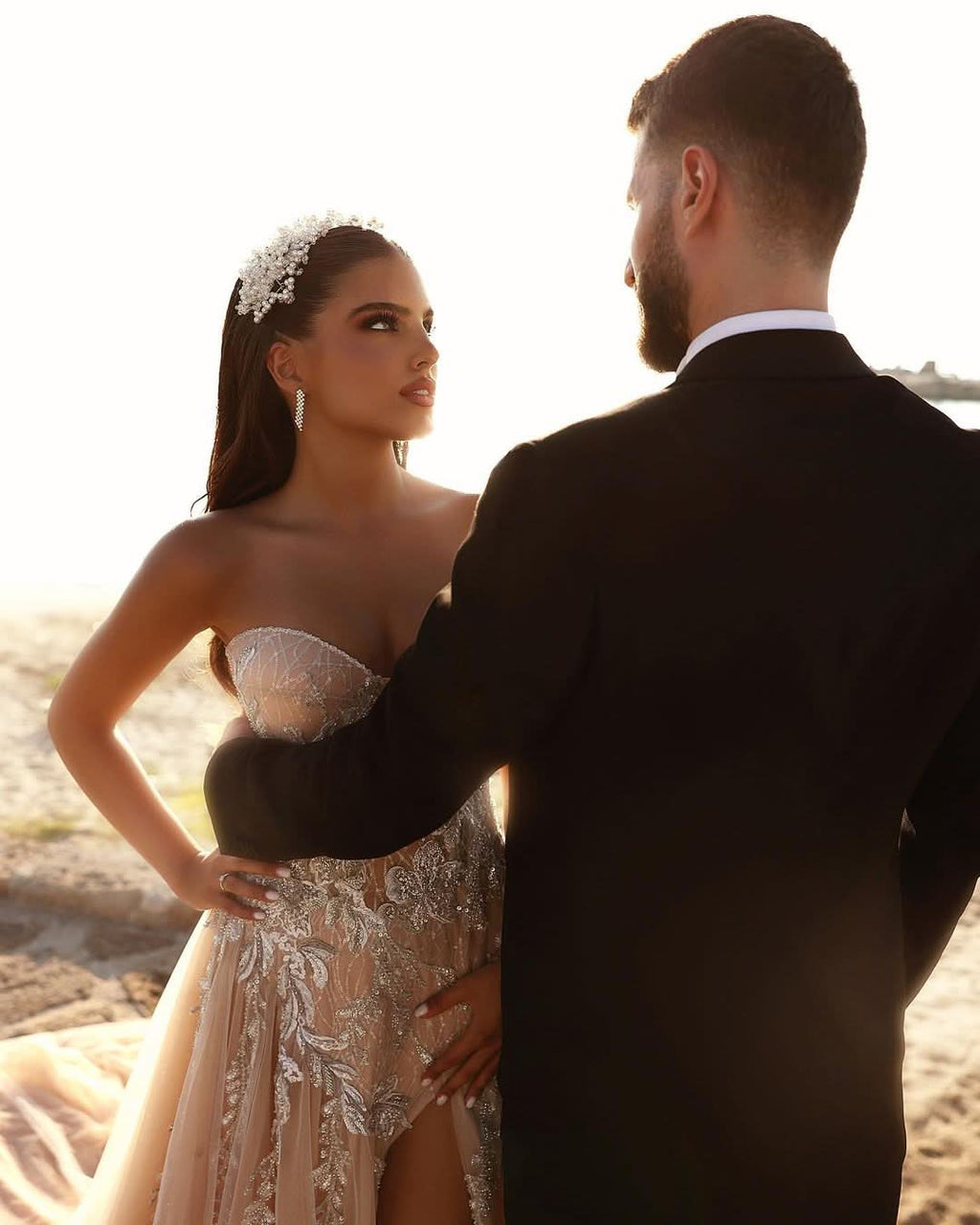 BMbride Designer Sweetheart Long A-line Glitter Lace Wedding Dress With Slit BMbride