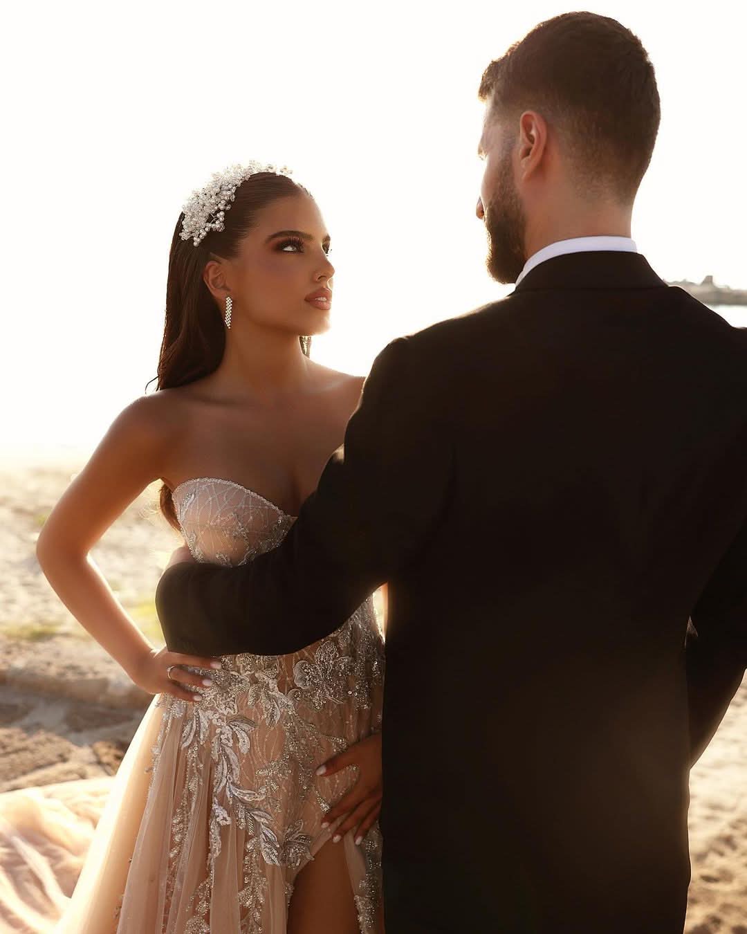 BMbride Designer Sweetheart Long A-line Glitter Lace Wedding Dress With Slit BMbride