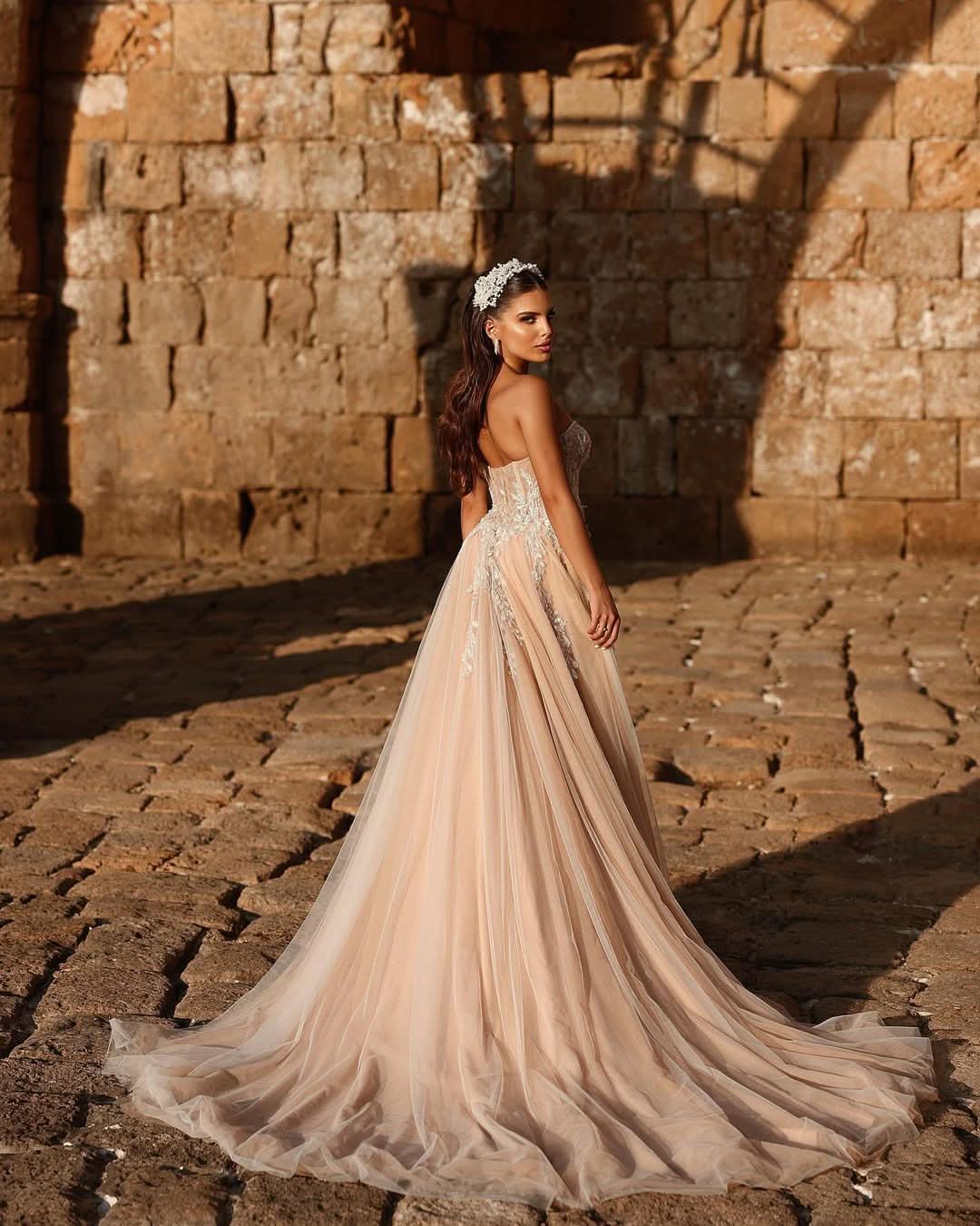 BMbride Designer Sweetheart Long A-line Glitter Lace Wedding Dress With Slit BMbride