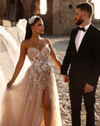 BMbride Designer Sweetheart Long A-line Glitter Lace Wedding Dress With Slit BMbride