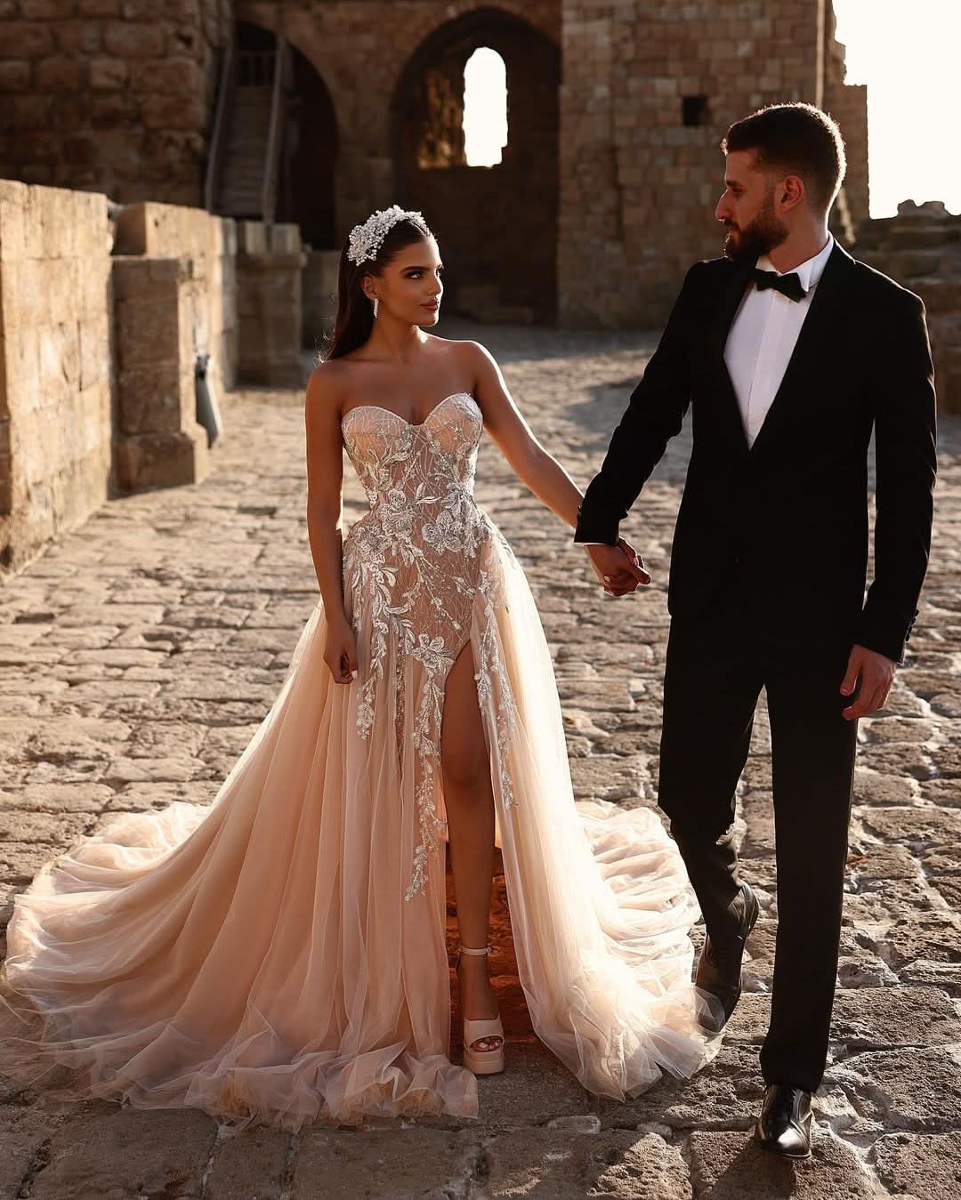 BMbride Designer Sweetheart Long A-line Glitter Lace Wedding Dress With Slit BMbride