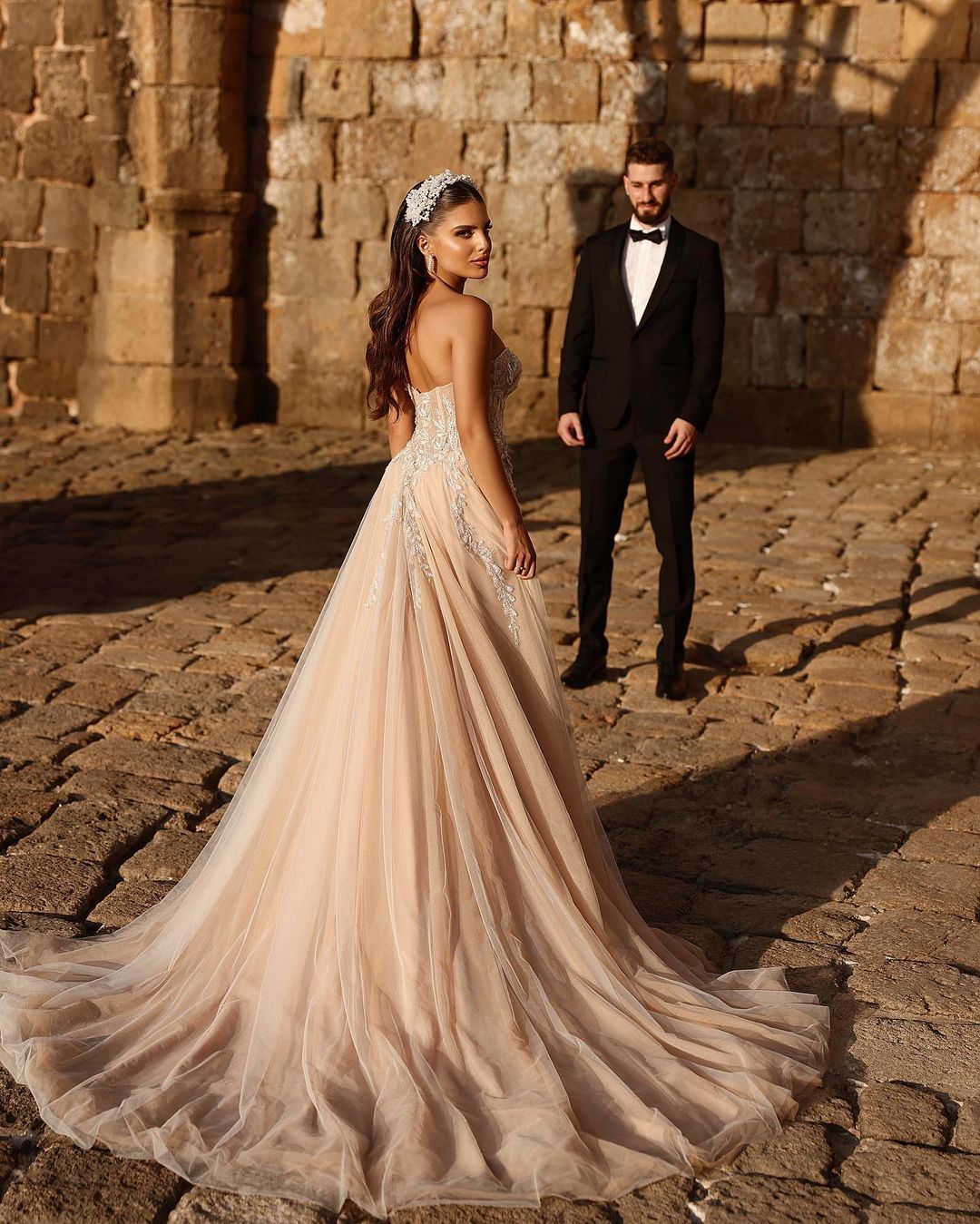 BMbride Designer Sweetheart Long A-line Glitter Lace Wedding Dress With Slit BMbride