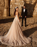 BMbride Designer Sweetheart Long A-line Glitter Lace Wedding Dress With Slit BMbride