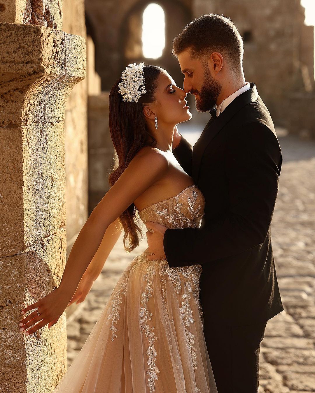 BMbride Designer Sweetheart Long A-line Glitter Lace Wedding Dress With Slit BMbride