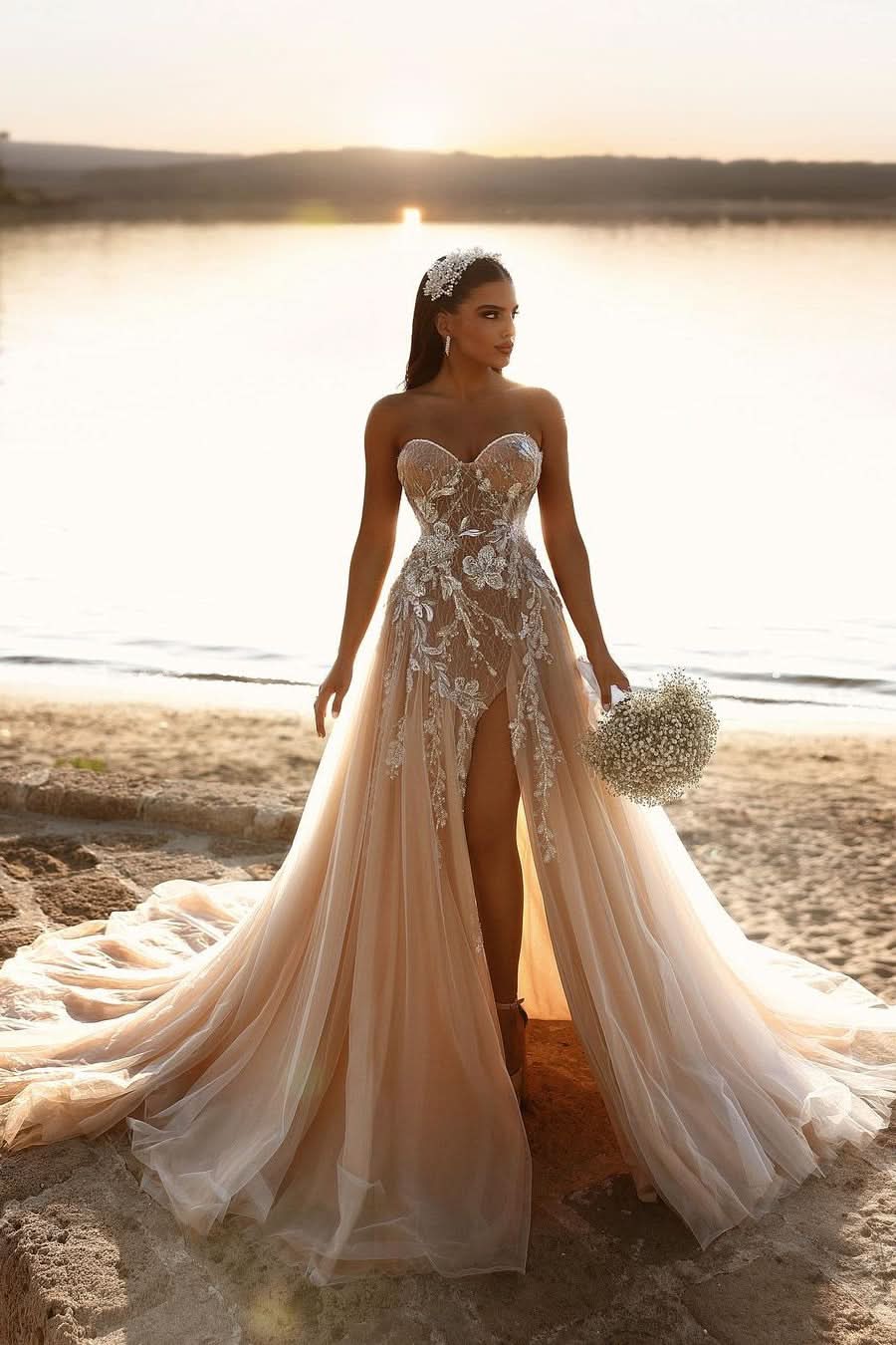 BMbride Designer Sweetheart Long A-line Glitter Lace Wedding Dress With Slit BMbride