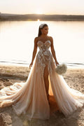 BMbride Designer Sweetheart Long A-line Glitter Lace Wedding Dress With Slit BMbride