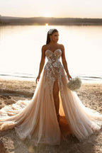 BMbride Designer Sweetheart Long A-line Glitter Lace Wedding Dress With Slit BMbride
