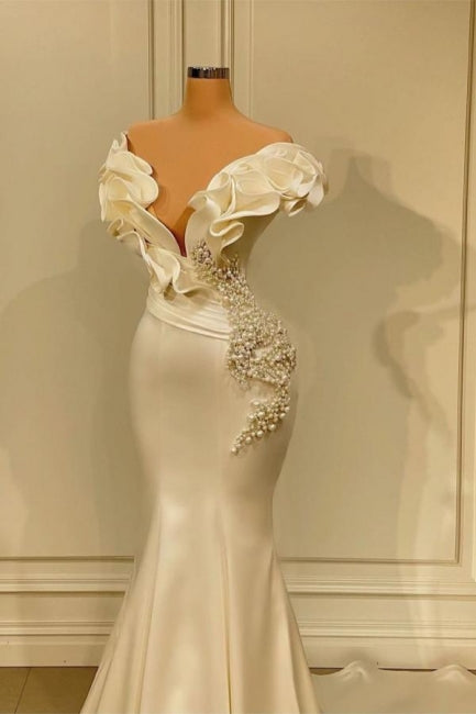 BMbride Designer White Long Pearl Ruffle Evening Dresses BMbride