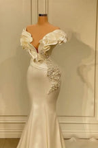 BMbride Designer White Long Pearl Ruffle Evening Dresses BMbride