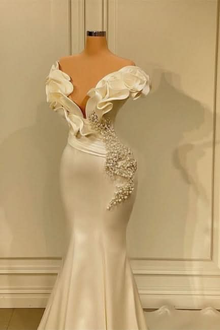 BMbride Designer White Long Pearl Ruffle Evening Dresses BMbride