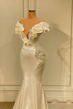 BMbride Designer White Long Pearl Ruffle Evening Dresses BMbride
