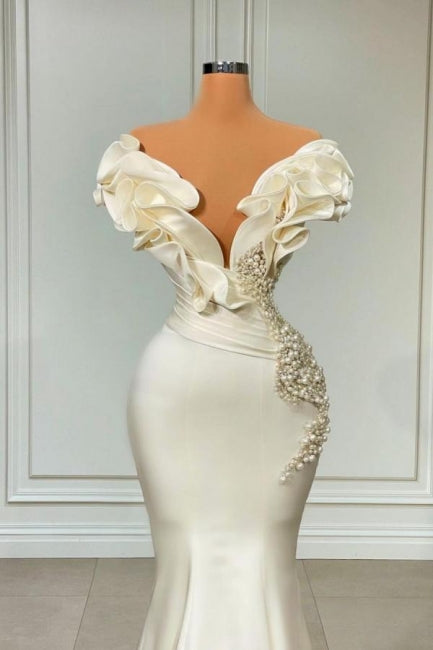 BMbride Designer White Long Pearl Ruffle Evening Dresses BMbride