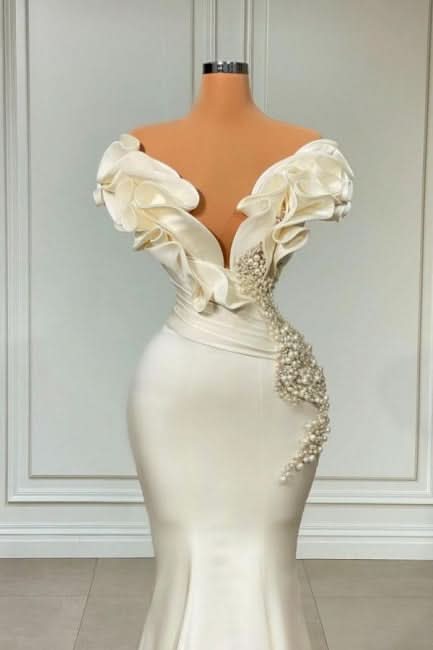 BMbride Designer White Long Pearl Ruffle Evening Dresses BMbride