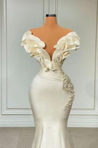 BMbride Designer White Long Pearl Ruffle Evening Dresses BMbride