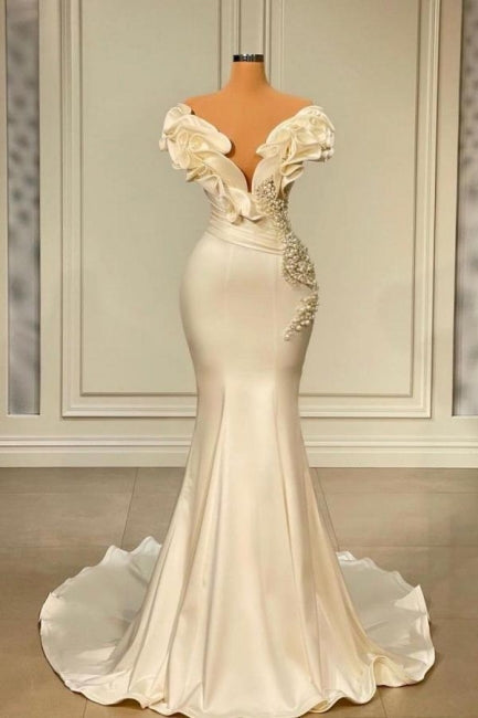 BMbride Designer White Long Pearl Ruffle Evening Dresses BMbride