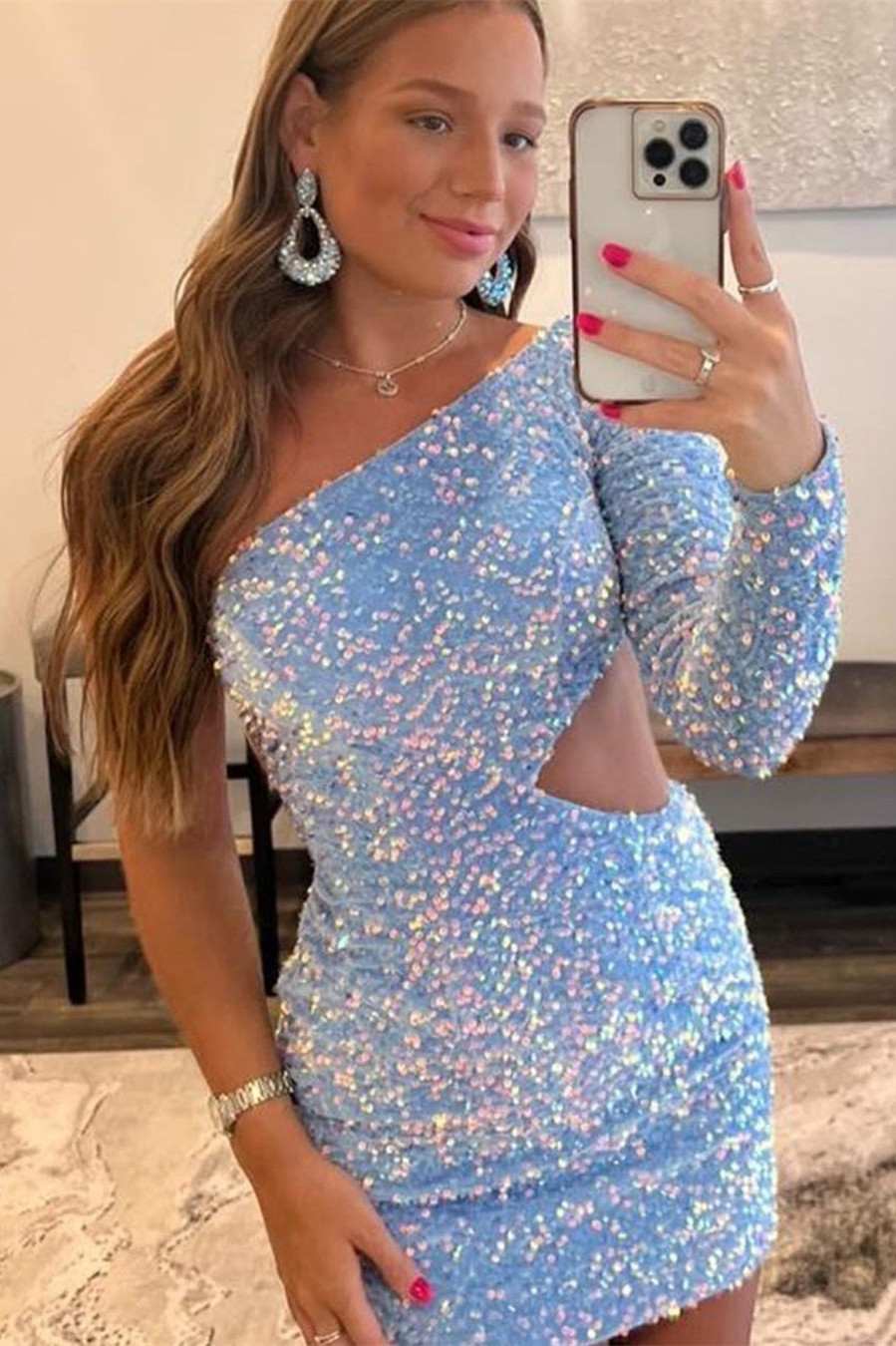 Vibrant Purple Sequin One-Sleeve Cutout Short Homecoming Dress BM bride