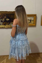 Pink A-Line Off the Shoulder Tiered Short Homecoming Dress