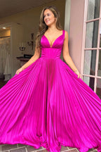 Fuchsia Pleated Long Prom Dress with V-Neck BM bride
