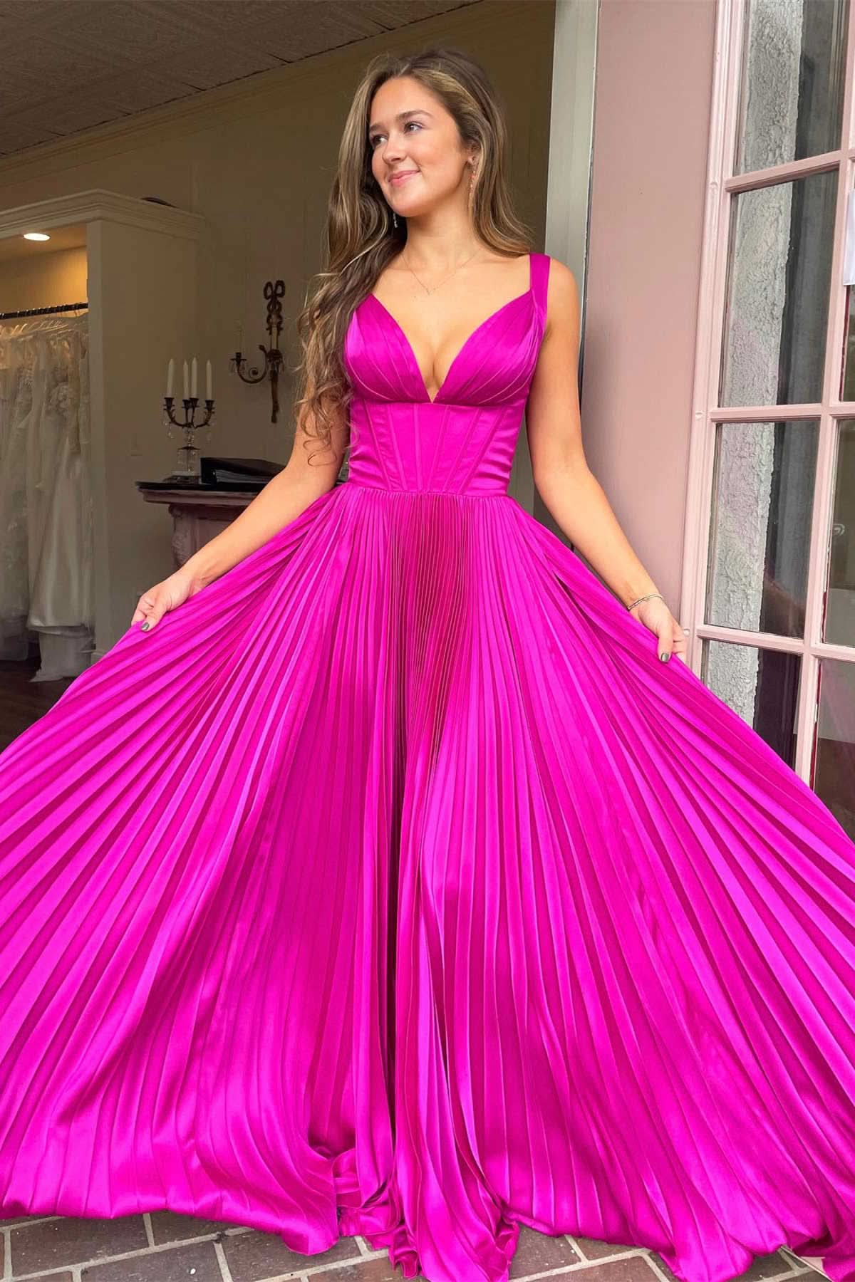 Fuchsia Pleated Long Prom Dress with V-Neck BM bride