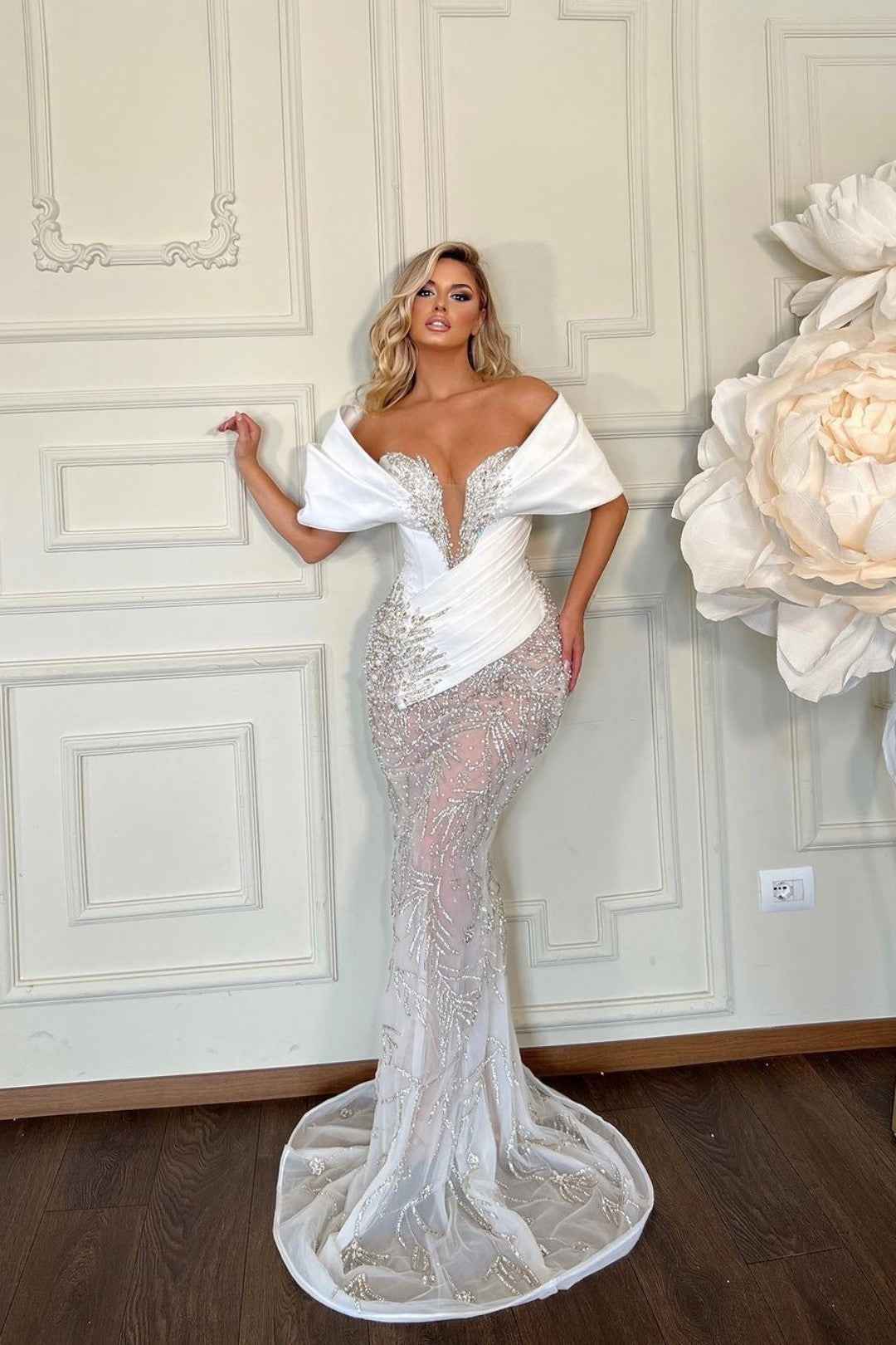 Heavy White Off the Shoulder Long Prom Dress Sleeveless Tulle