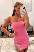 Pink Tight Homecoming Dress with Star and Fringes Bmbride