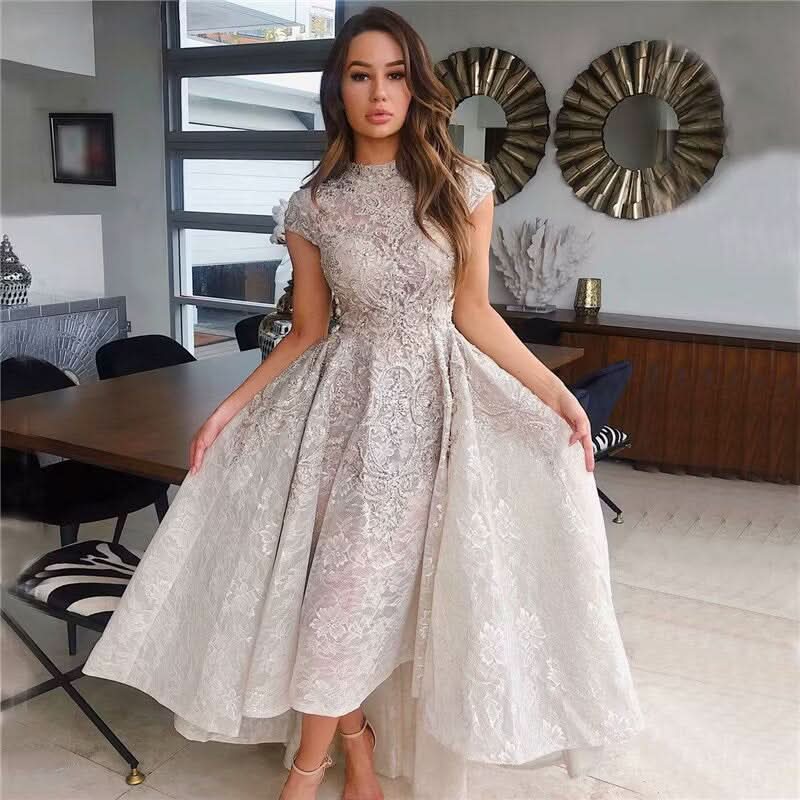 A-Line Sequin Appliques Prom Dress, Long Pleated with Short Sleeves BM bride