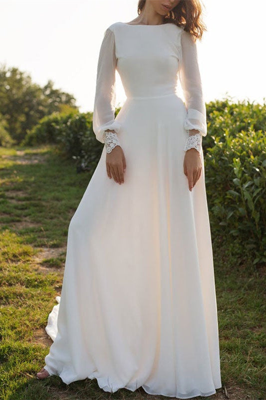 Long Sleeve Backless Chiffon Wedding Dress BM bride