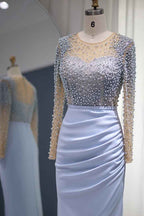 Jewel Neck Mermaid Wrinkled Prom Dress Long Sleeves With Beading