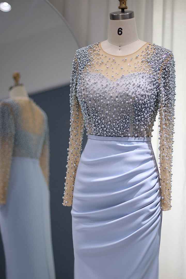 Jewel Neck Mermaid Wrinkled Prom Dress Long Sleeves With Beading