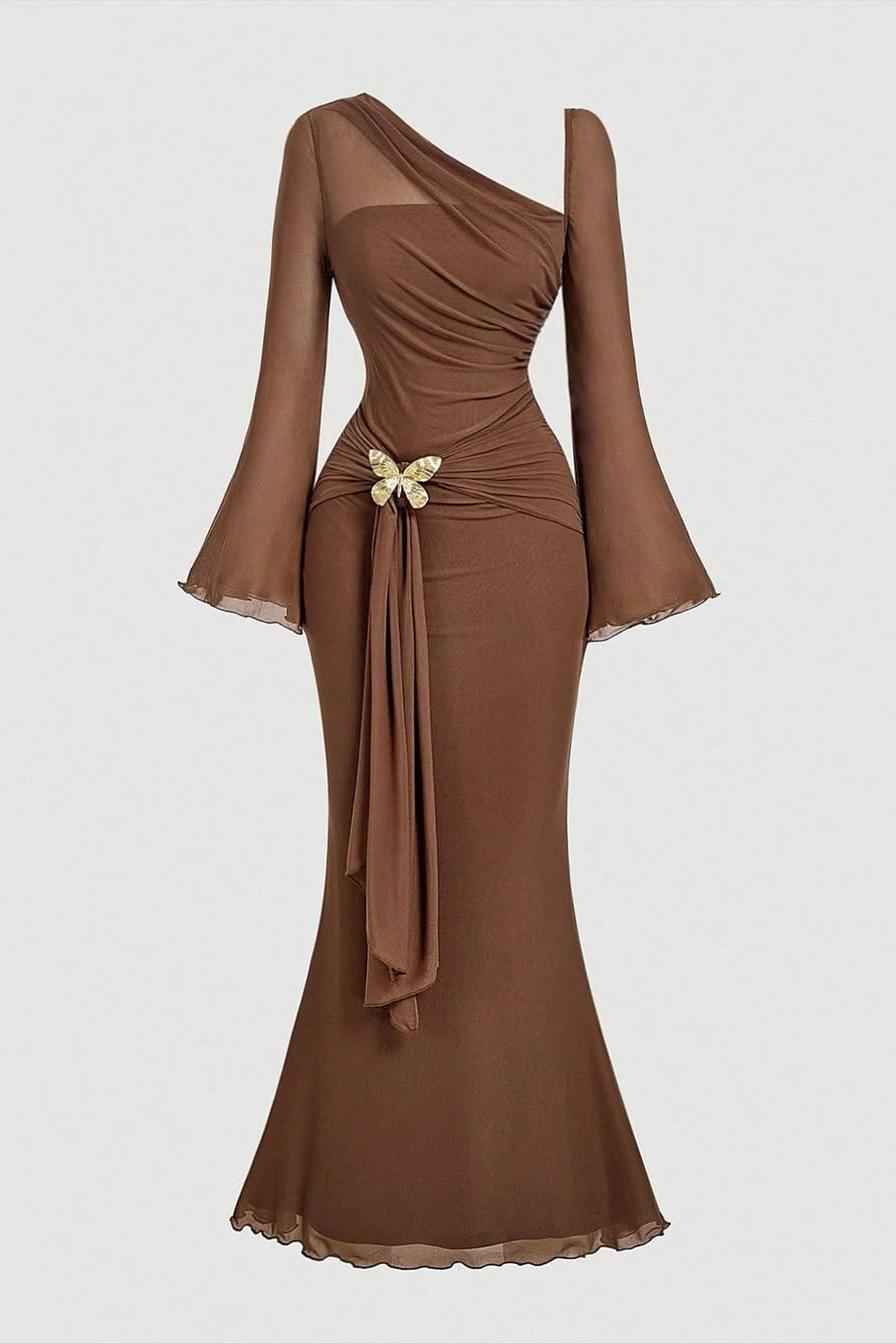 One Shoulder Long Sleeves Long Mermaid Prom Dress With Pleated