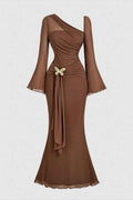 One Shoulder Long Sleeves Long Mermaid Prom Dress With Pleated