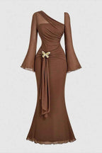 One Shoulder Long Sleeves Long Mermaid Prom Dress With Pleated