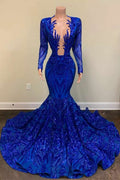 Royal Blue Long Sleeves Mermaid Prom Dress with Heavy Appliques BM bride